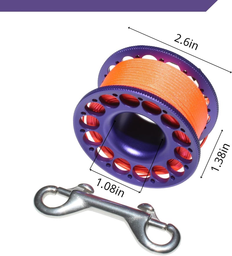 DiveTec 98FT SCUBA DIVING REEL – Aluminum Spool with Dual-Ended Snap, Vibrant Orange Anti-Twist Nylon Line, Large Center Opening & Hanging Buckle for Wreck/Reef Diving (PURPLE) - Image 5